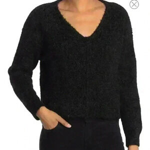 Nordstrom Abound Black Sparkle V-Neck Fuzzy Knit Pullover Sweater